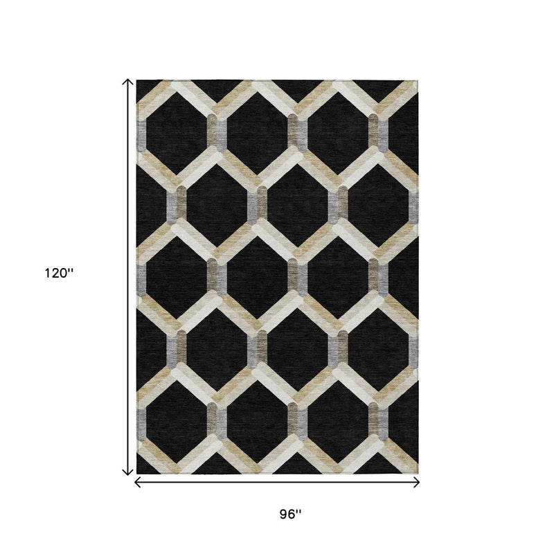 8' X 10' Black Ivory And Wheat Geometric Washable Indoor Outdoor Area Rug