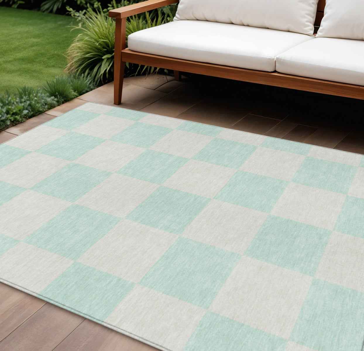 8' X 10' Mint Green And Ivory Geometric Washable Indoor Outdoor Area Rug