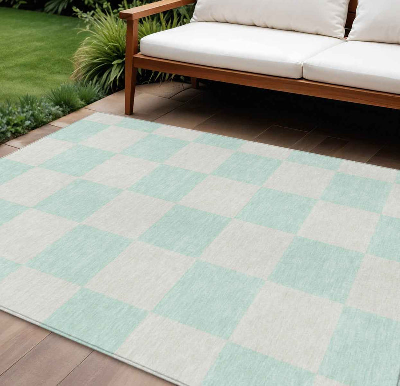 8' X 10' Mint Green And Ivory Geometric Washable Indoor Outdoor Area Rug