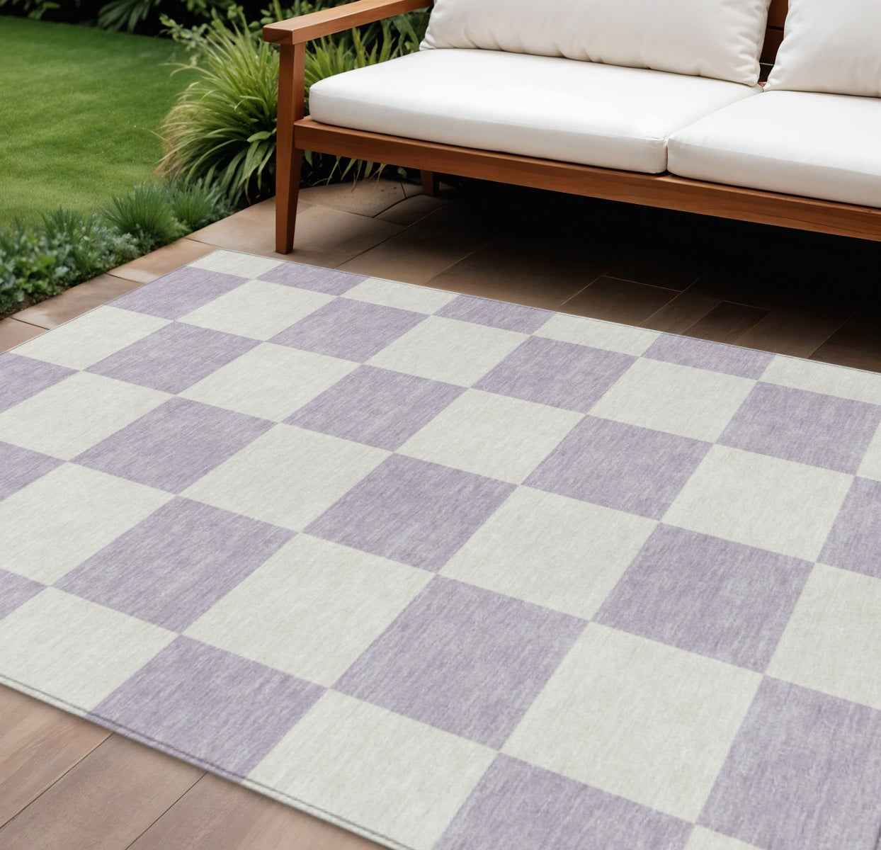 8' X 10' Lavender And Ivory Geometric Washable Indoor Outdoor Area Rug