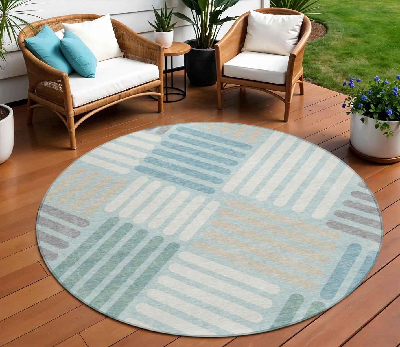 8' Pale Aqua Wheat And Ivory Round Geometric Washable Indoor Outdoor Area Rug