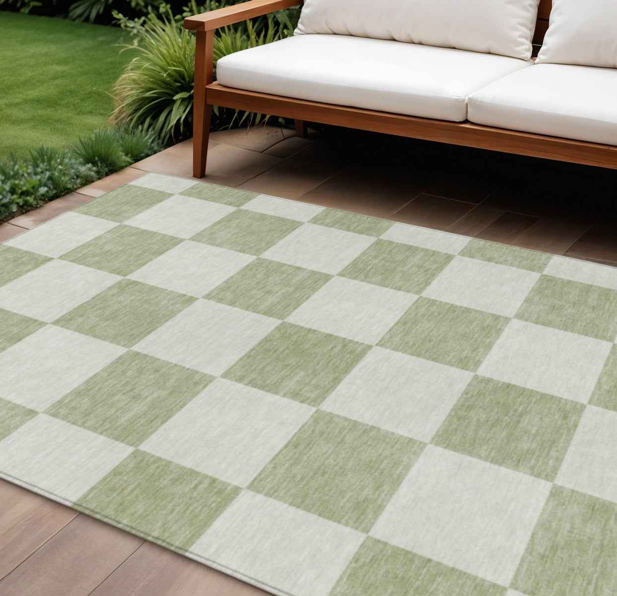 9' X 12' Artichoke Green And Ivory Geometric Washable Indoor Outdoor Area Rug