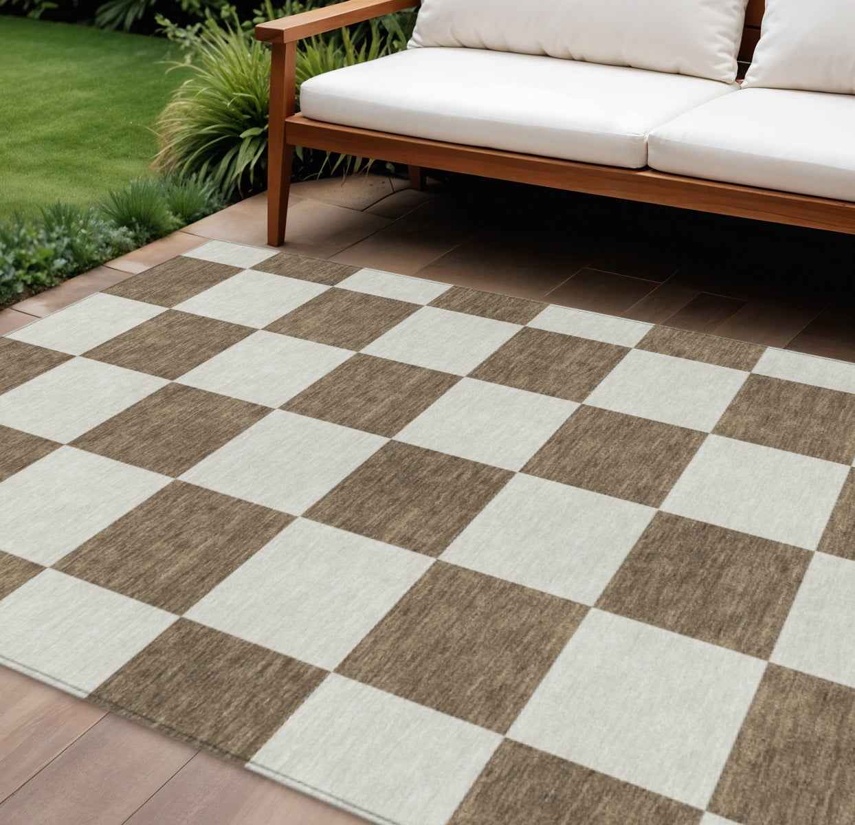 10' X 14' Chocolate And Ivory Geometric Washable Indoor Outdoor Area Rug