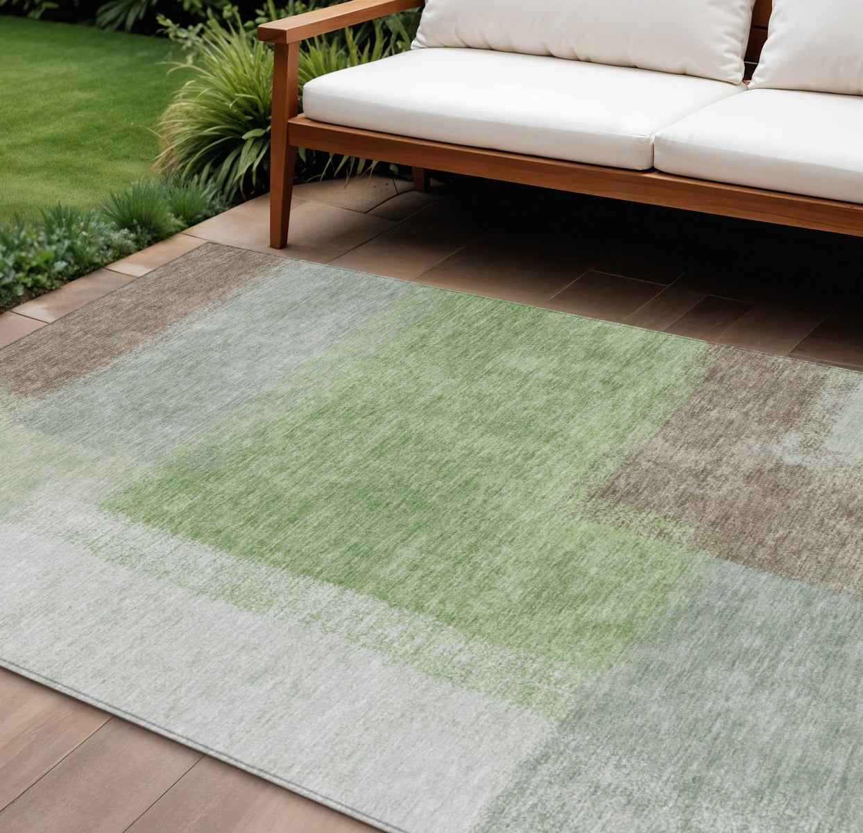 8' X 10' Artichoke Green Ivory And Brown Abstract Washable Indoor Outdoor Area Rug