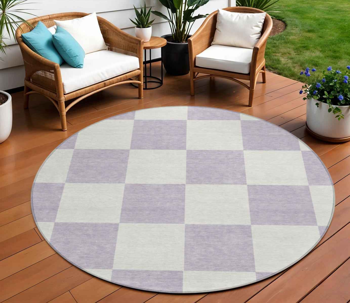 8' Lavender And Ivory Round Geometric Washable Indoor Outdoor Area Rug