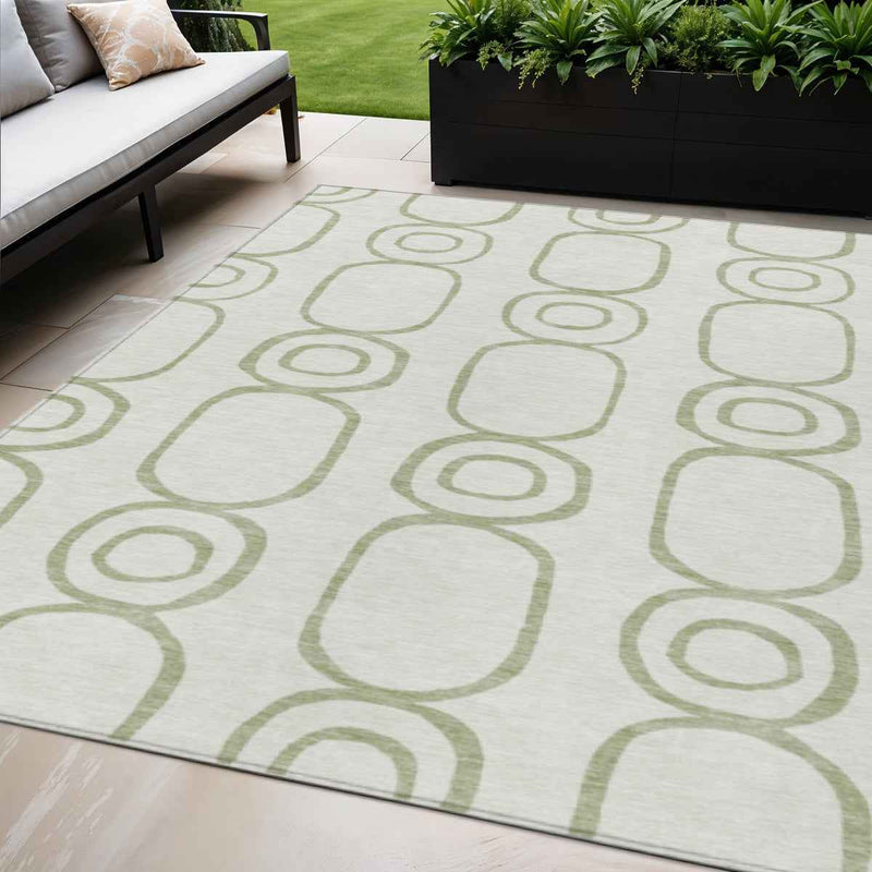 5' X 8' Artichoke Green And Ivory Geometric Washable Indoor Outdoor Area Rug