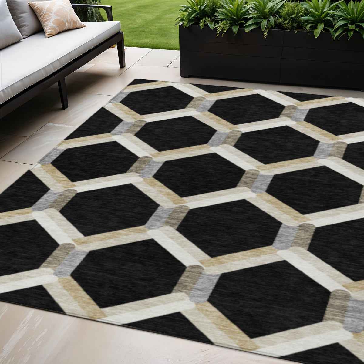 5' X 8' Black Ivory And Wheat Geometric Washable Indoor Outdoor Area Rug