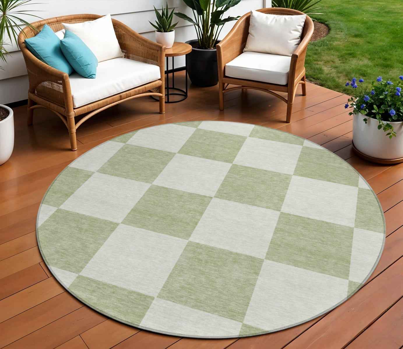 8' Artichoke Green And Ivory Round Geometric Washable Indoor Outdoor Area Rug