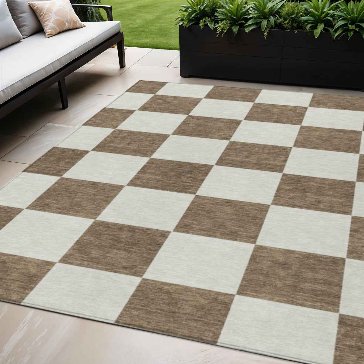 5' X 8' Chocolate And Ivory Geometric Washable Indoor Outdoor Area Rug