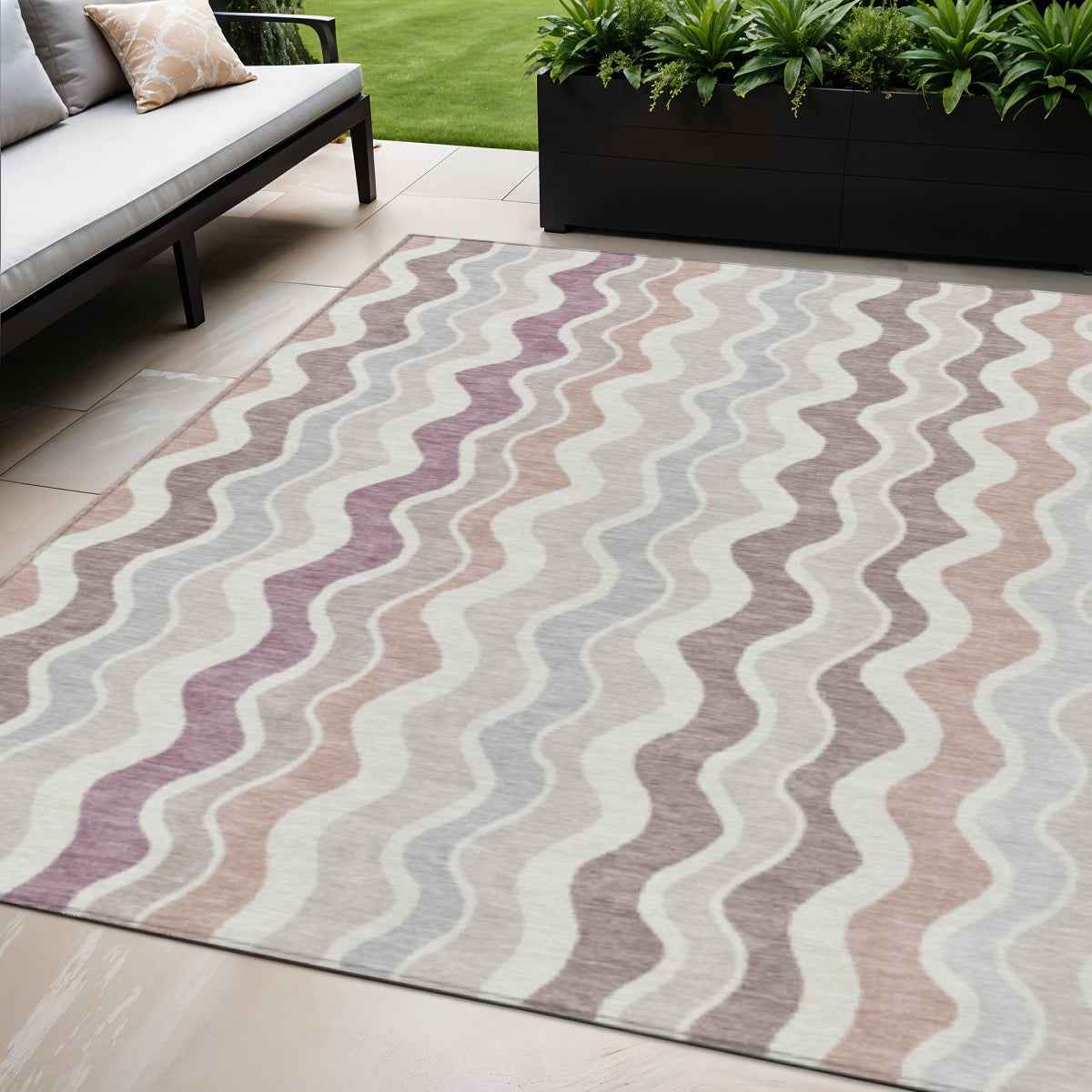 5' X 8' Blush Ivory And Taupe Striped Washable Indoor Outdoor Area Rug