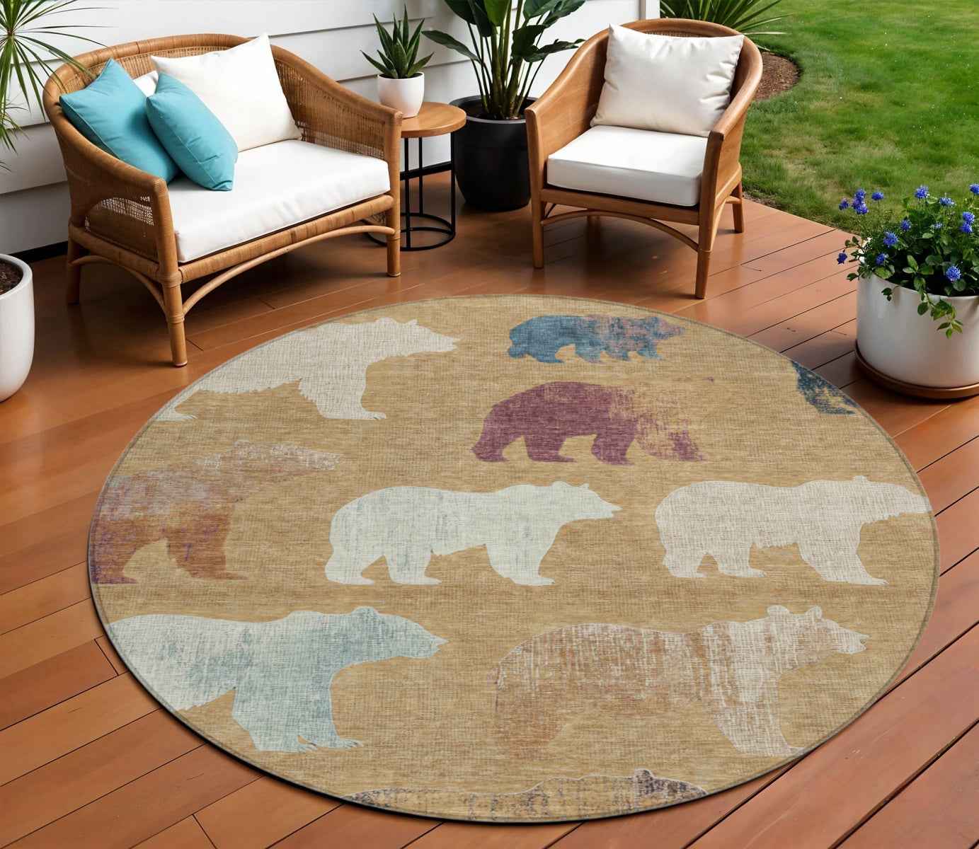 8' Gold Ivory And Blue Round Animal Print Washable Indoor Outdoor Area Rug