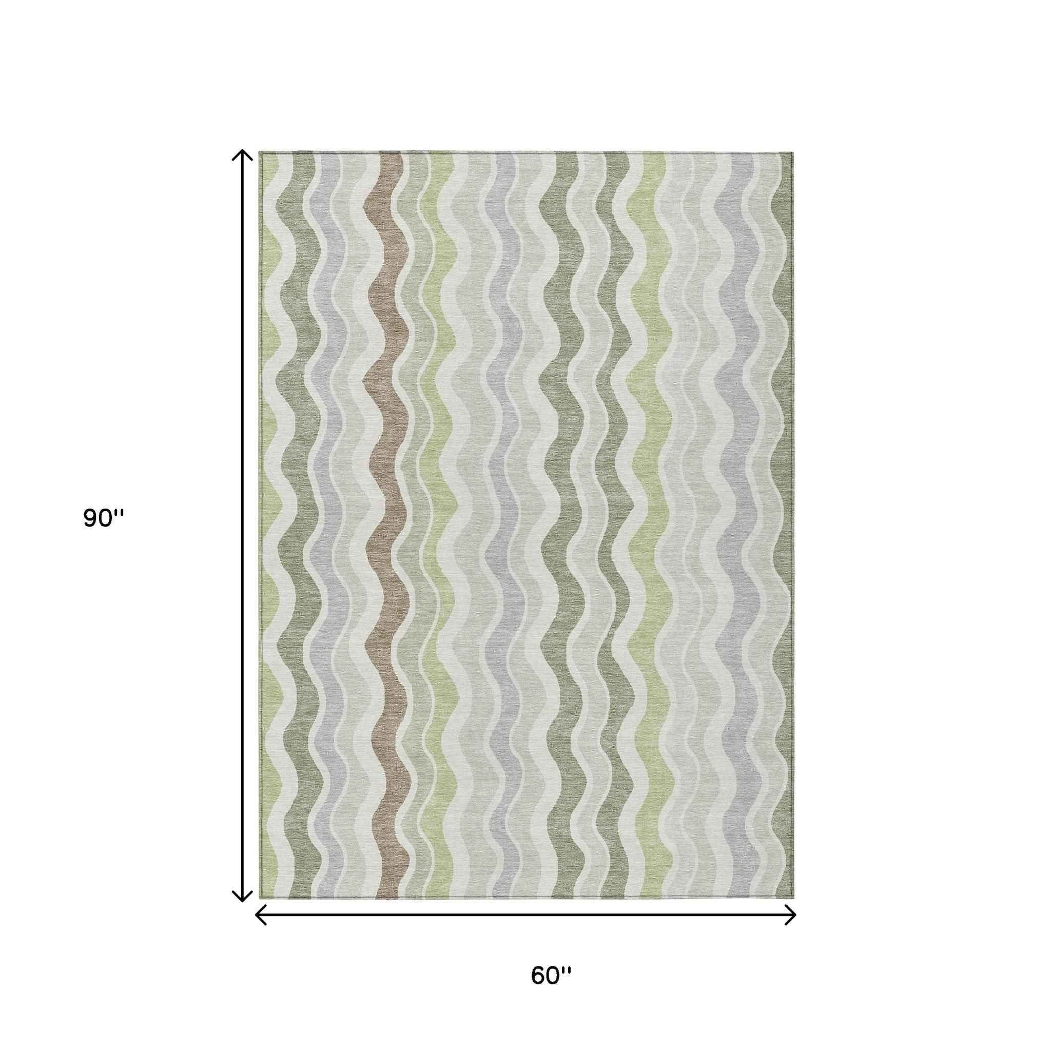 5' X 8' Artichoke Green Ivory And Brown Striped Washable Indoor Outdoor Area Rug