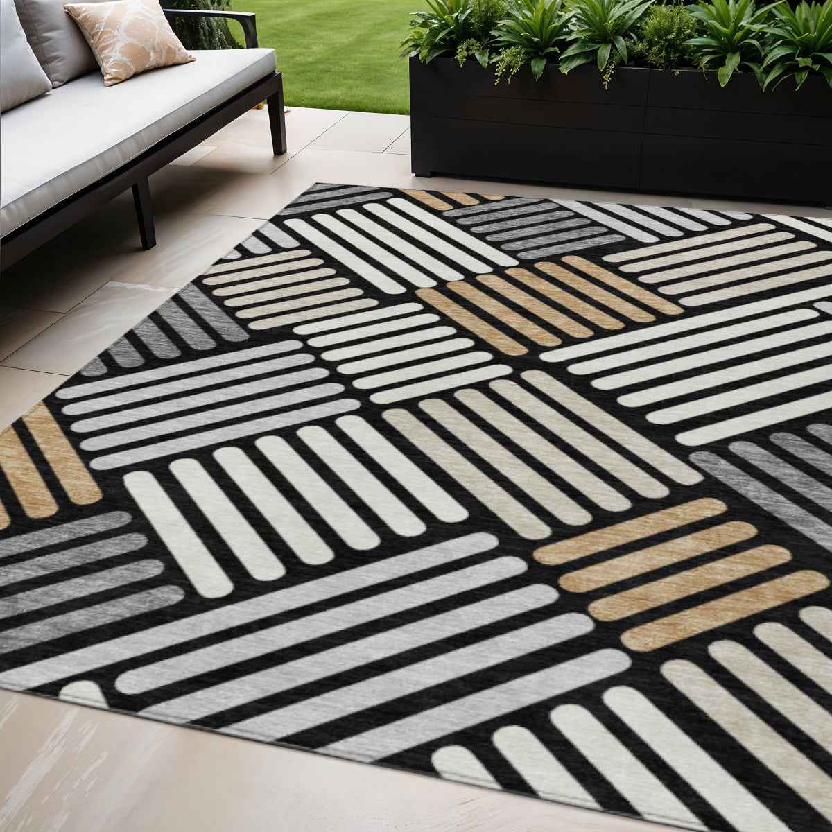 5' X 8' Black Beige And Ivory Geometric Washable Indoor Outdoor Area Rug