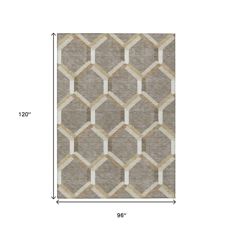 8' X 10' Taupe Beige And Ivory Geometric Washable Indoor Outdoor Area Rug