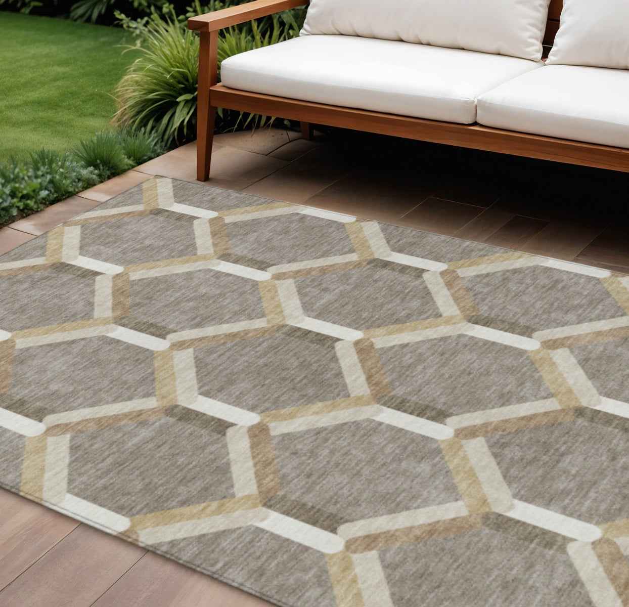 8' X 10' Taupe Beige And Ivory Geometric Washable Indoor Outdoor Area Rug