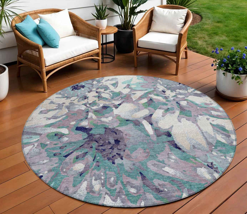 8' Lavender Gray And Ivory Round Floral Washable Indoor Outdoor Area Rug