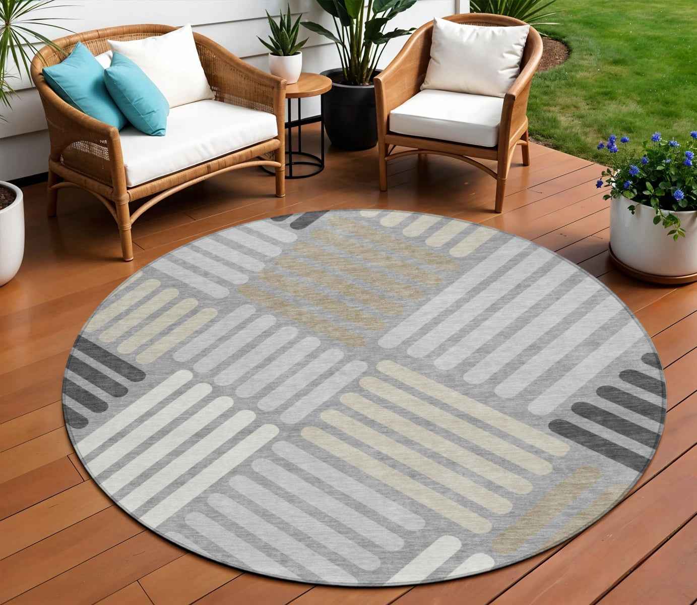 8' Gray Ivory And Tan Round Geometric Washable Indoor Outdoor Area Rug