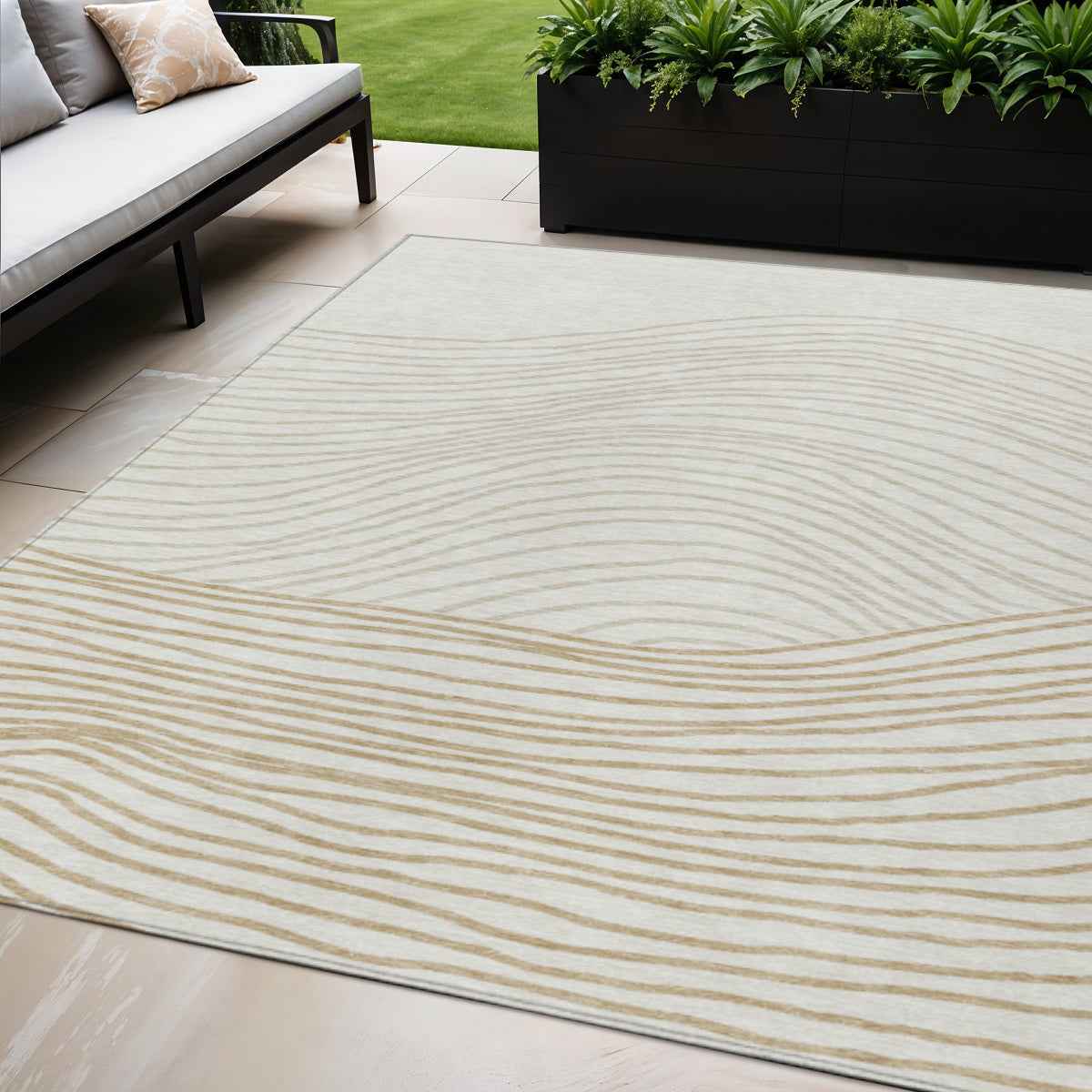 5' X 8' Ivory And Wheat Striped Washable Indoor Outdoor Area Rug