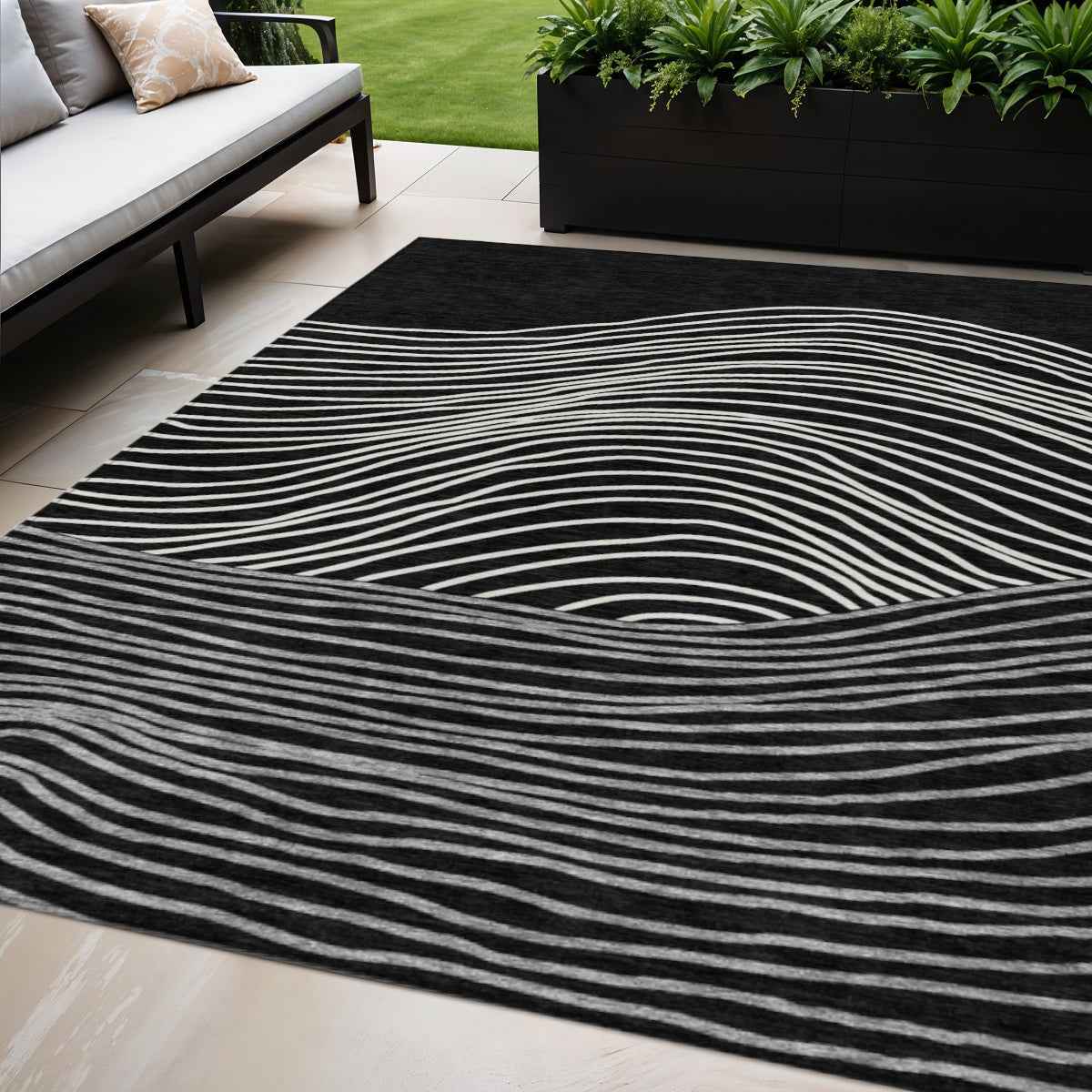 5' X 8' Black Ivory And Gray Striped Washable Indoor Outdoor Area Rug