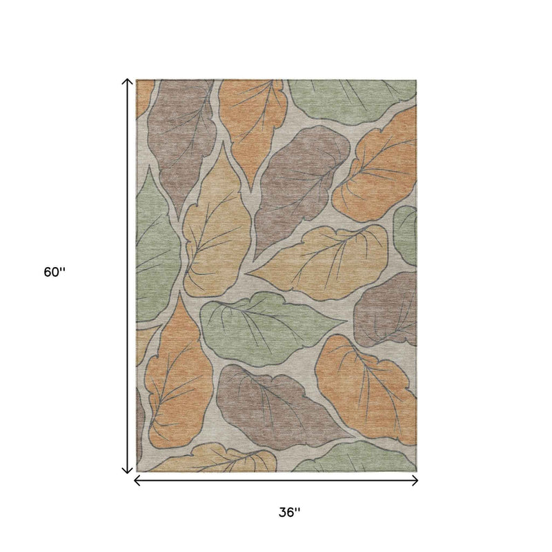 3' X 5' Copper Ivory And Sage Botanical Leaves Washable Indoor Outdoor Area Rug