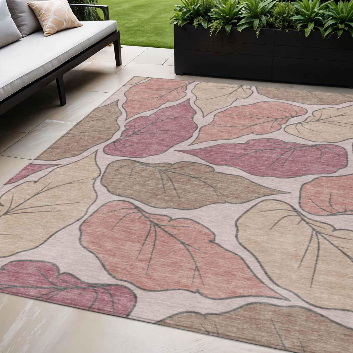5' X 8' Blush And Ivory Botanical Leaves Washable Indoor Outdoor Area Rug