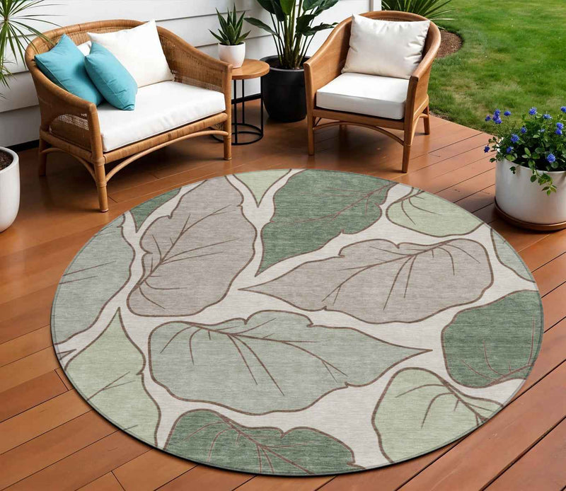 8' Fern Green And Ivory Round Botanical Leaves Washable Indoor Outdoor Area Rug