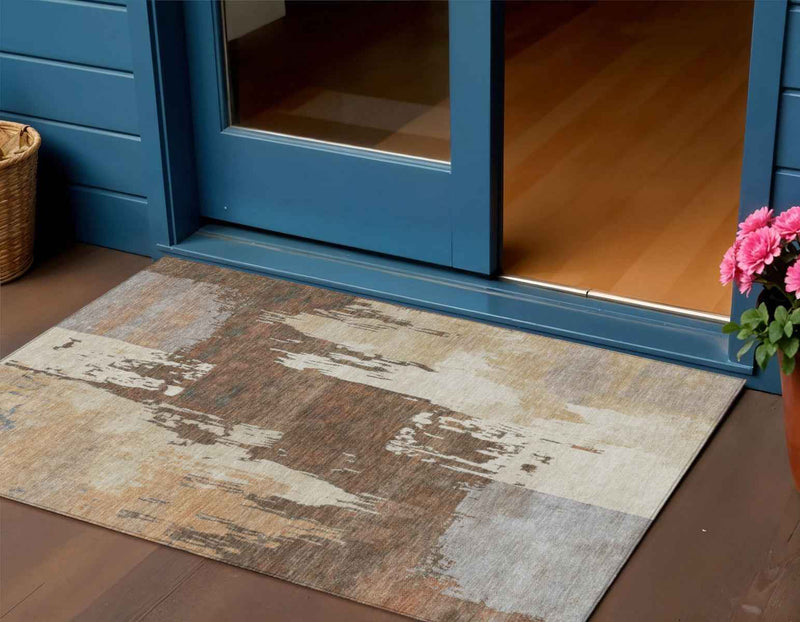 3' X 5' Rust Ivory And Gray Abstract Washable Indoor Outdoor Area Rug