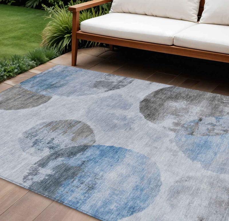 10' X 14' Denim Blue Taupe And Ivory Abstract Washable Indoor Outdoor Area Rug