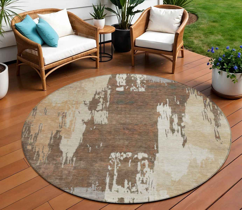 8' Rust Ivory And Gray Round Abstract Washable Indoor Outdoor Area Rug