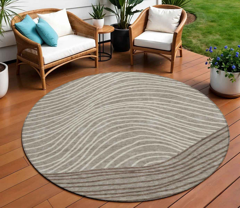 8' Taupe Beige And Brown Round Striped Washable Indoor Outdoor Area Rug