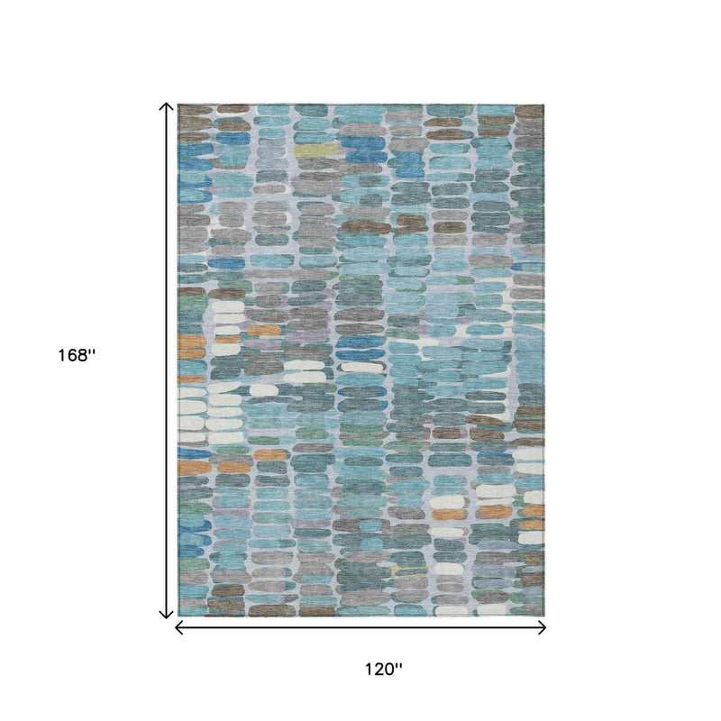 10' X 14' Teal Blue Copper And Ivory Abstract Washable Indoor Outdoor Area Rug