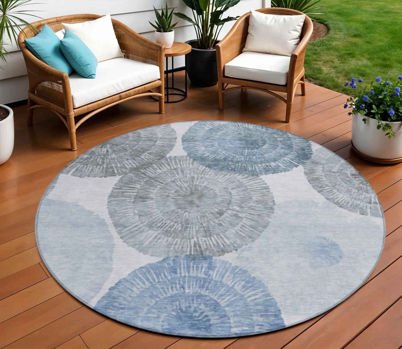 8' Denim Blue Ivory And Gray Round Abstract Washable Indoor Outdoor Area Rug
