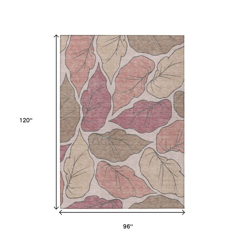 8' X 10' Blush And Ivory Botanical Leaves Washable Indoor Outdoor Area Rug