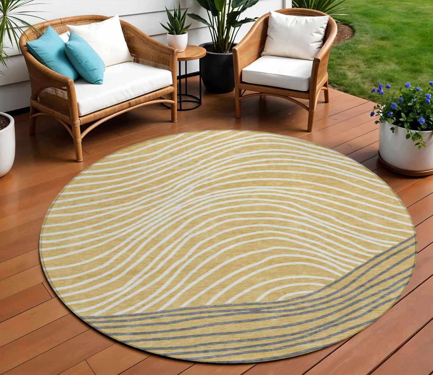8' Gold Ivory And Charcoal Round Striped Washable Indoor Outdoor Area Rug