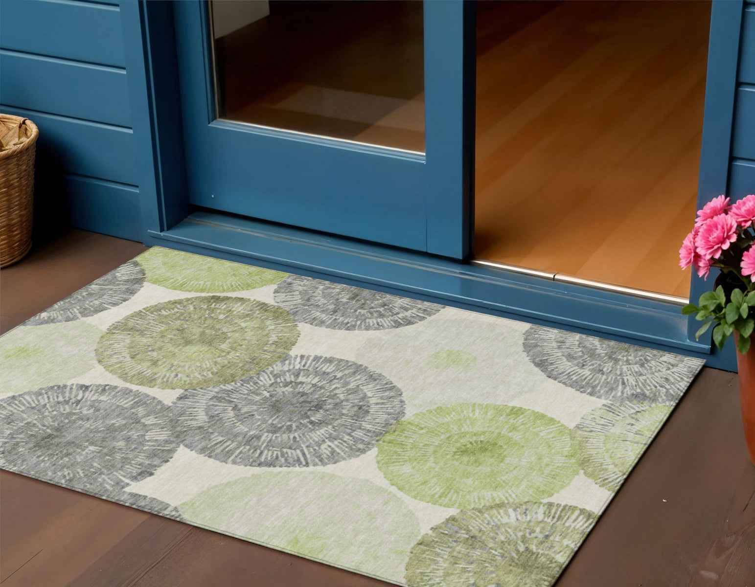 3' X 5' Artichoke Green Ivory And Gray Abstract Washable Indoor Outdoor Area Rug
