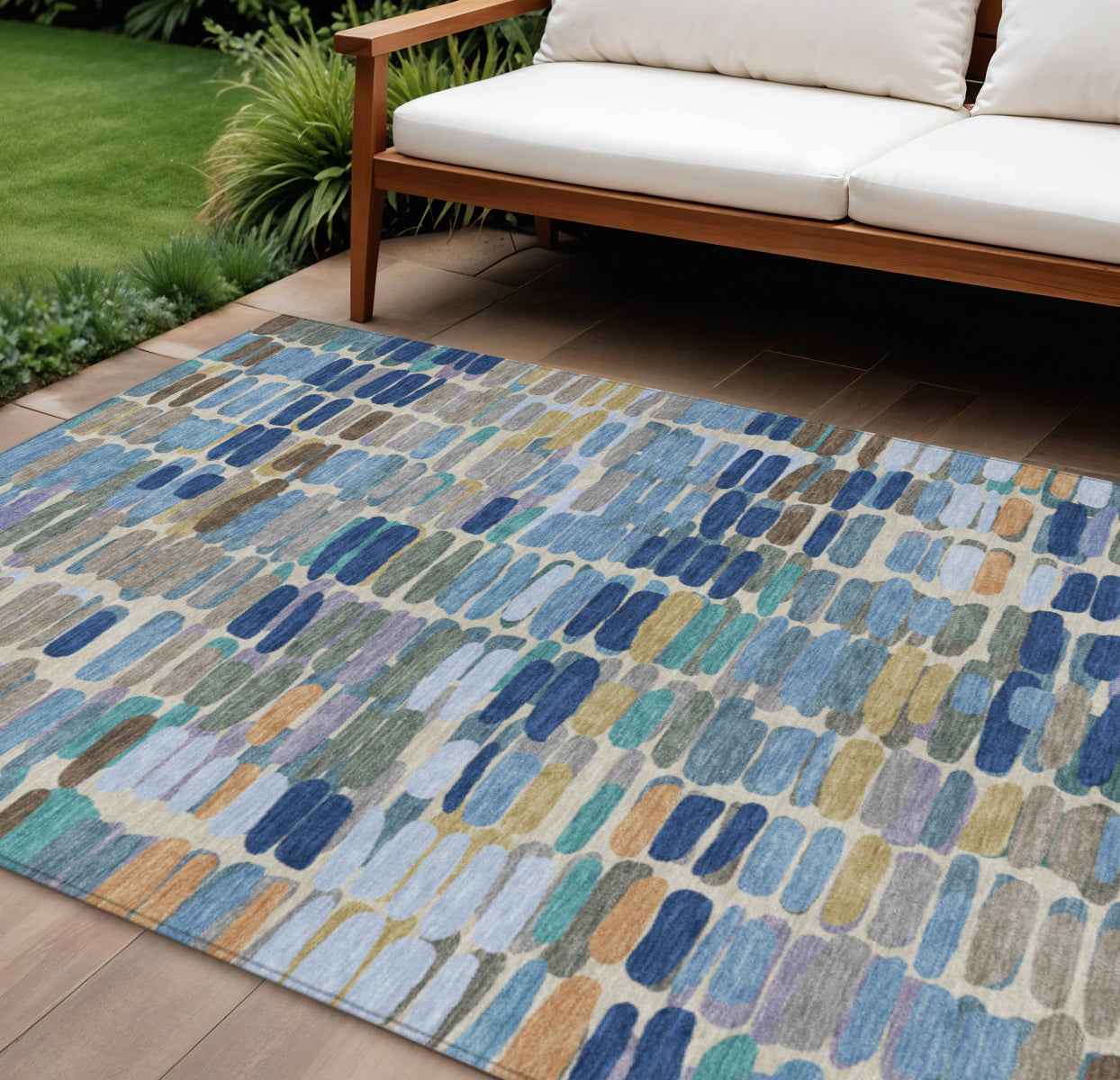 9' X 12' Denim Blue Wheat And Beige Abstract Washable Indoor Outdoor Area Rug