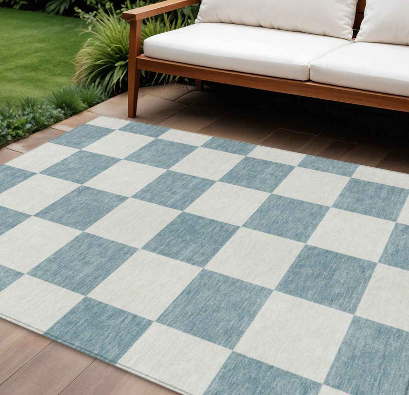 9' X 12' Teal Blue And Ivory Geometric Washable Indoor Outdoor Area Rug