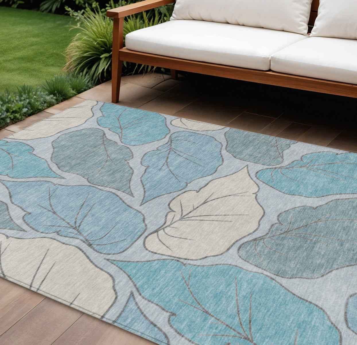 10' X 14' Teal Blue And Ivory Botanical Leaves Washable Indoor Outdoor Area Rug