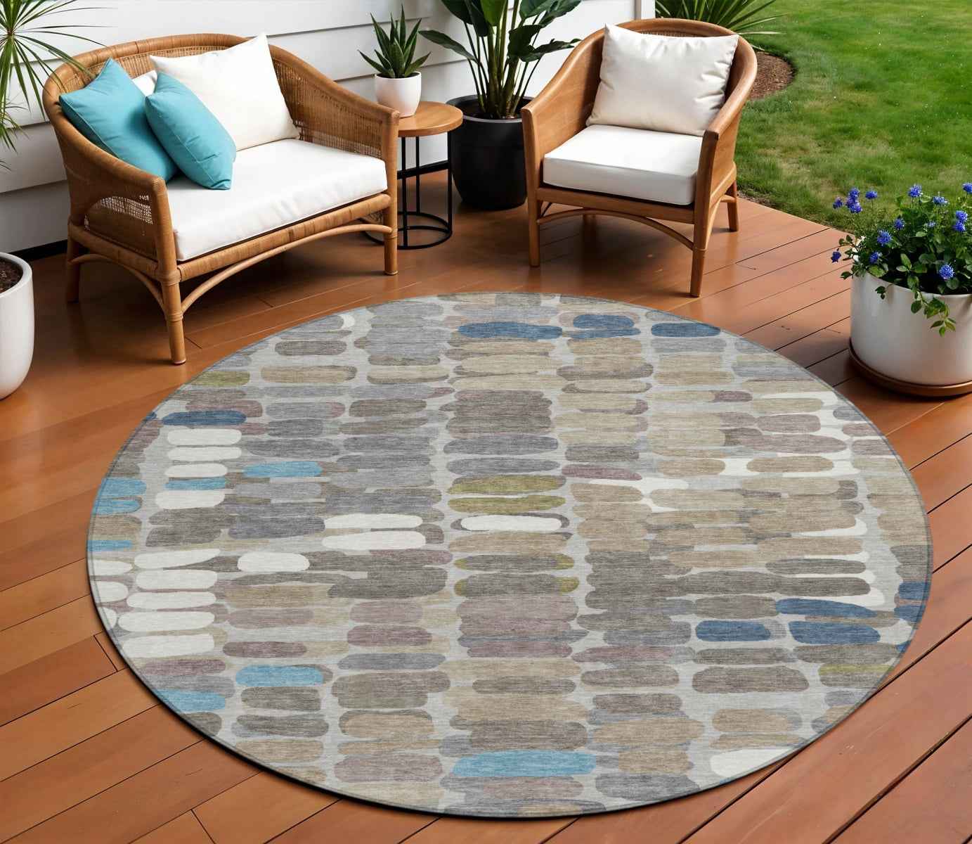 8' Taupe Ivory And Blue Round Abstract Washable Indoor Outdoor Area Rug
