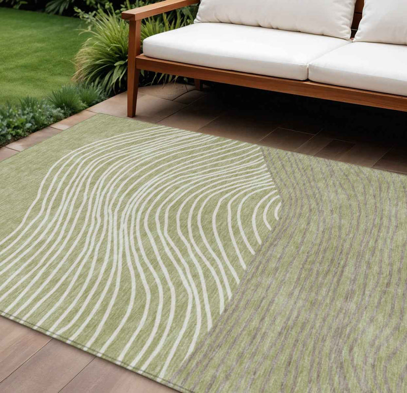 9' X 12' Artichoke Green And Ivory Striped Washable Indoor Outdoor Area Rug
