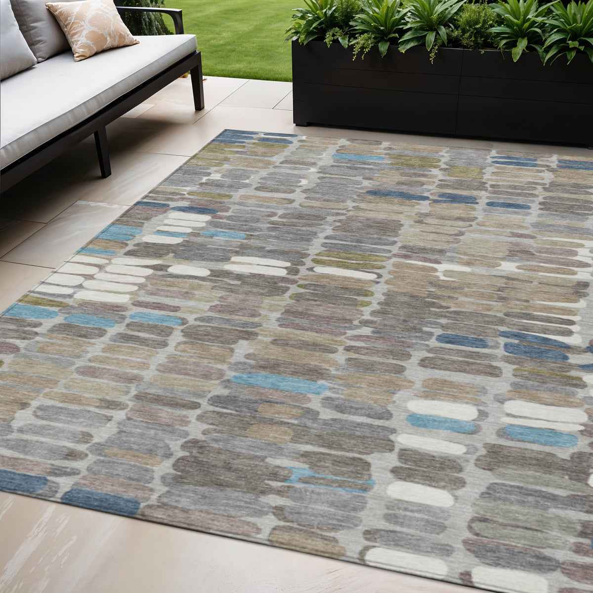 5' X 8' Taupe Ivory And Blue Abstract Washable Indoor Outdoor Area Rug