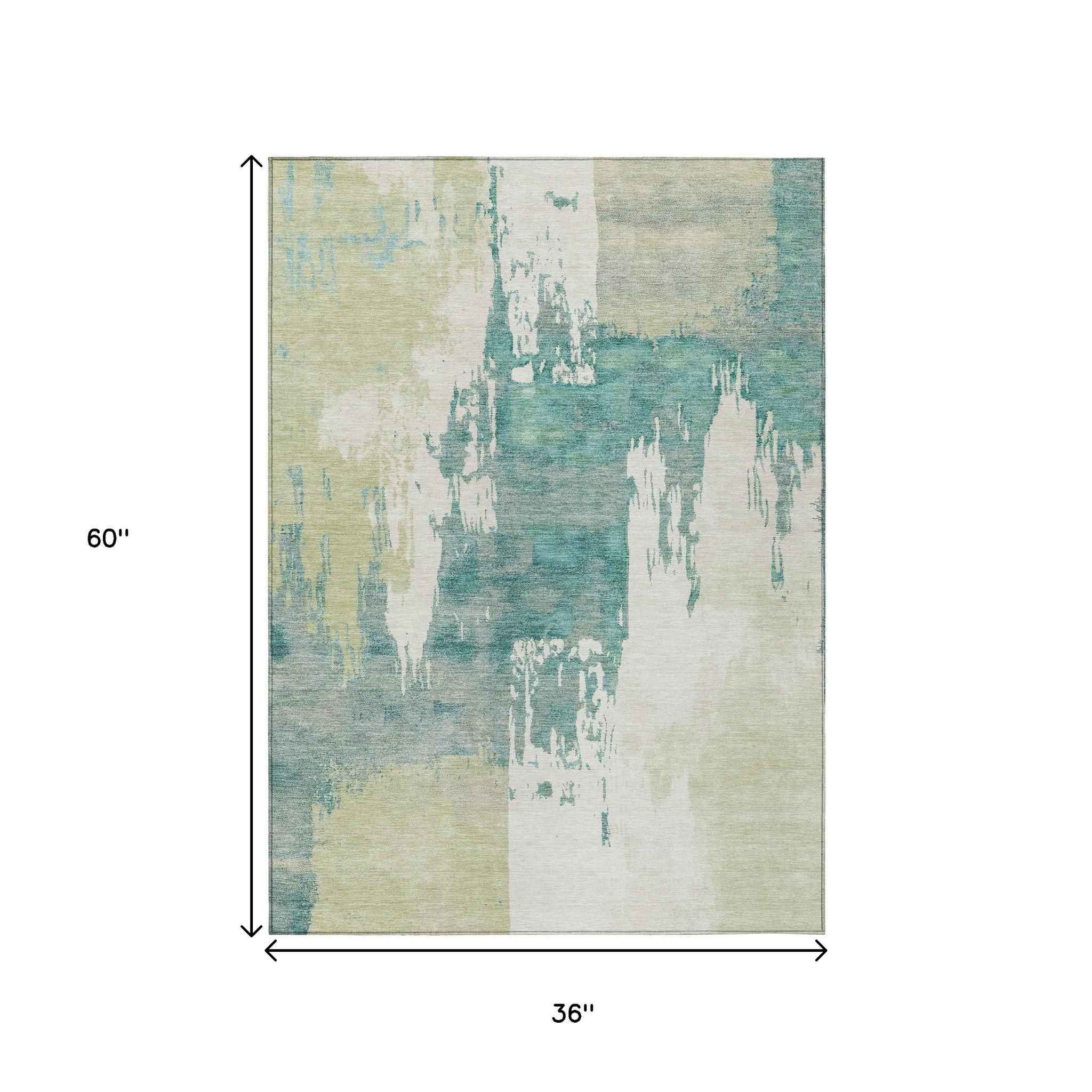 3' X 5' Artichoke Green Ivory And Aqua Abstract Washable Indoor Outdoor Area Rug