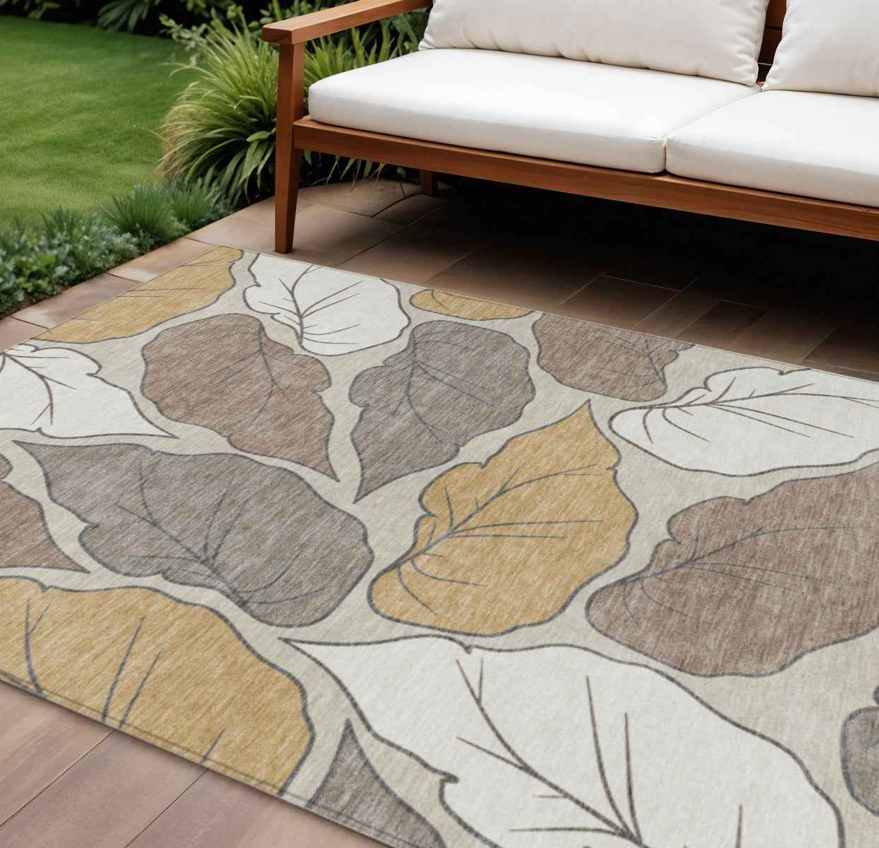8' X 10' Linen Ivory And Brown Botanical Leaves Washable Indoor Outdoor Area Rug