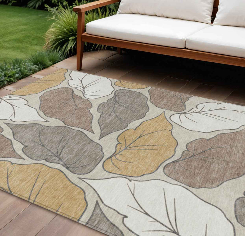 8' X 10' Linen Ivory And Brown Botanical Leaves Washable Indoor Outdoor Area Rug