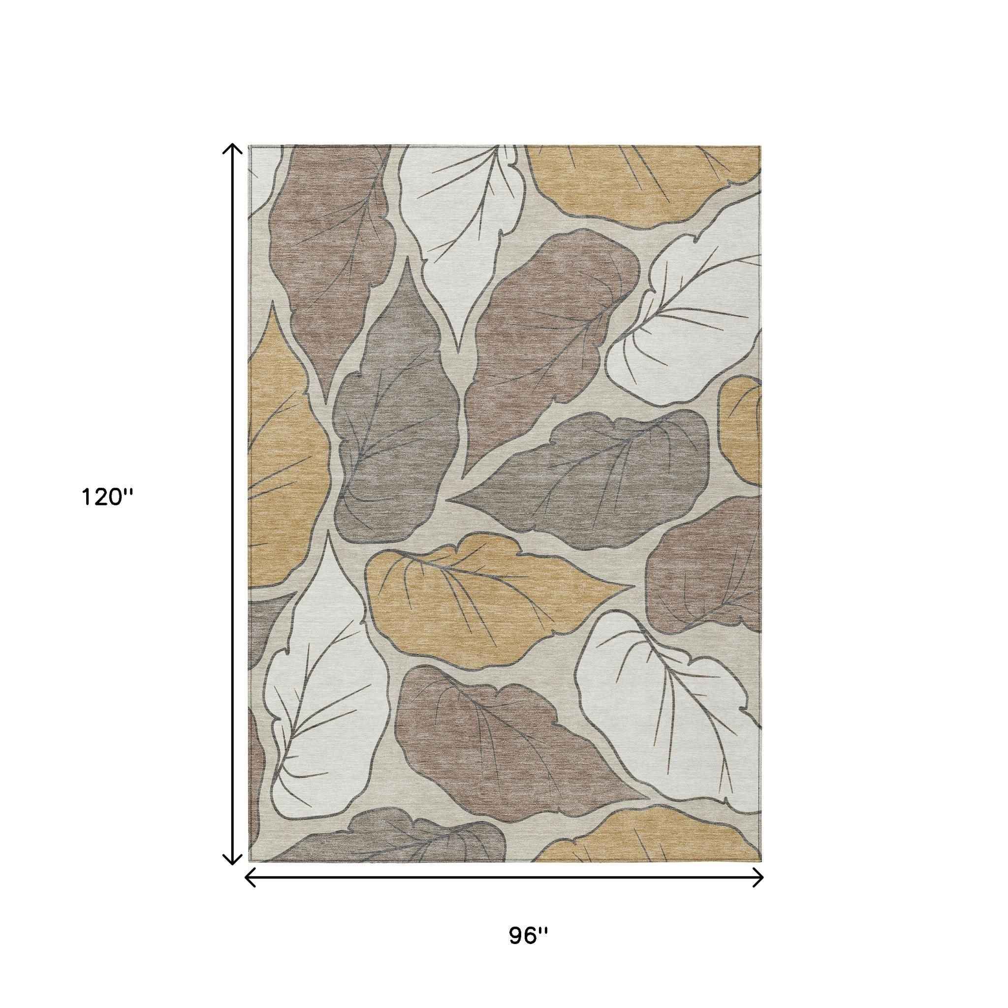 8' X 10' Linen Ivory And Brown Botanical Leaves Washable Indoor Outdoor Area Rug