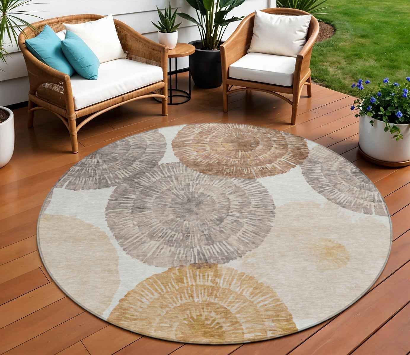 8' Copper Ivory And Gray Round Abstract Washable Indoor Outdoor Area Rug