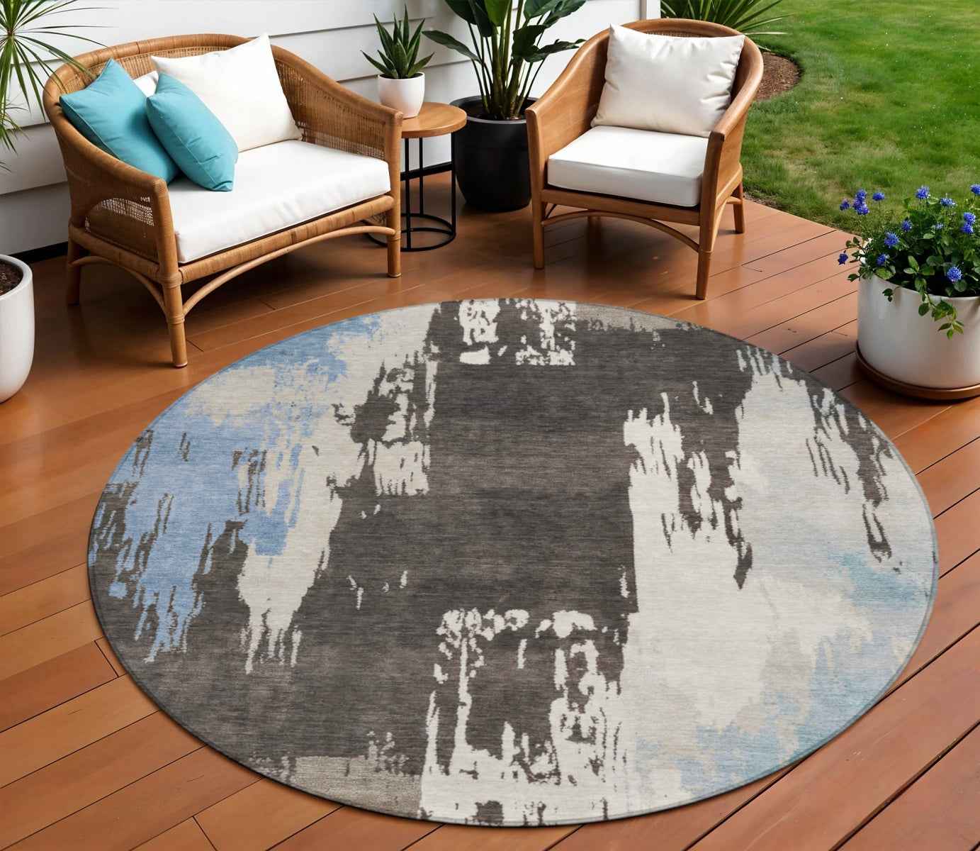 8' Brown Ivory And Blue Round Abstract Washable Indoor Outdoor Area Rug