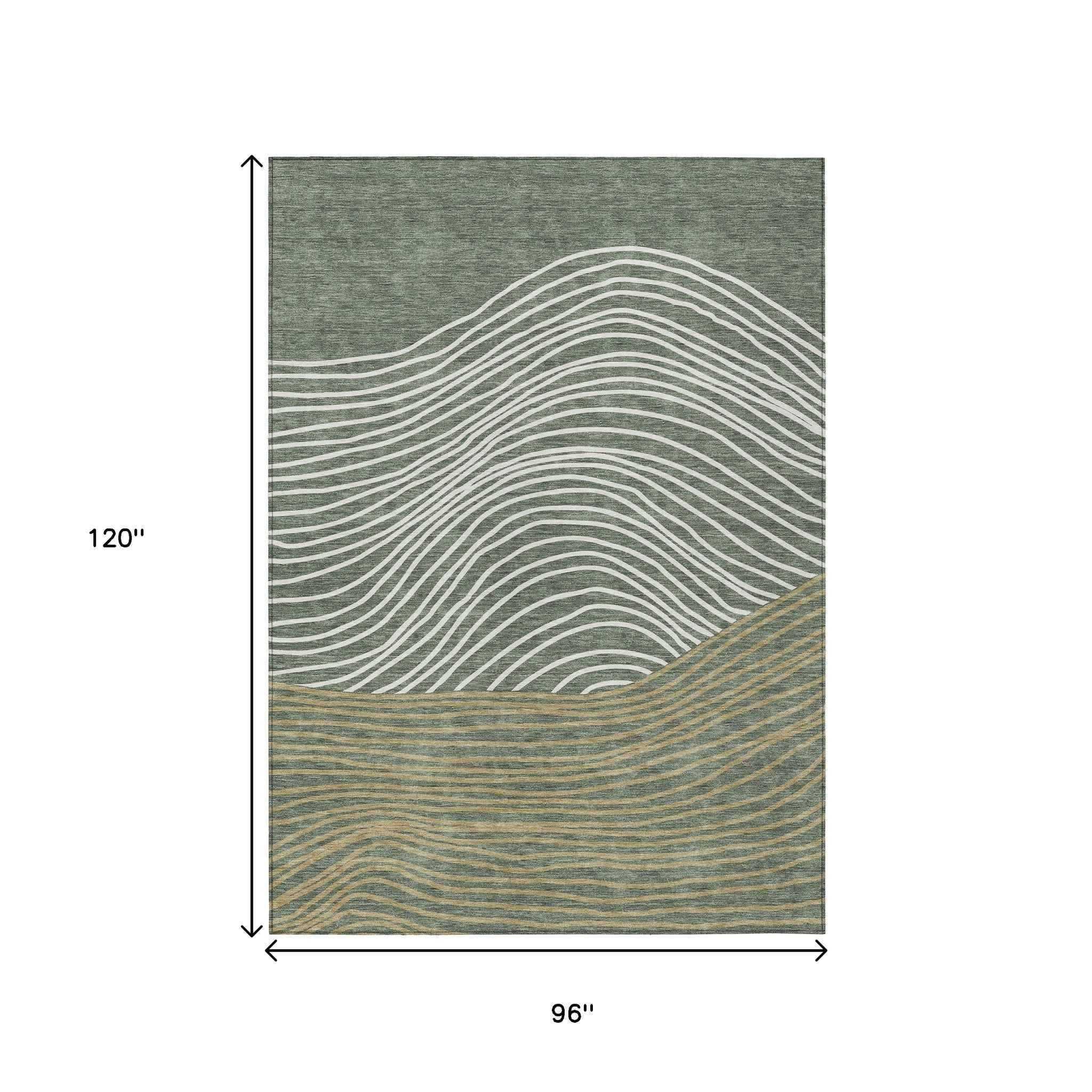 8' X 10' Fern Green Ivory And Gold Striped Washable Indoor Outdoor Area Rug