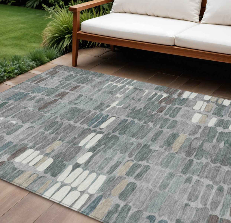 8' X 10' Gray Ivory And Pewter Abstract Washable Indoor Outdoor Area Rug