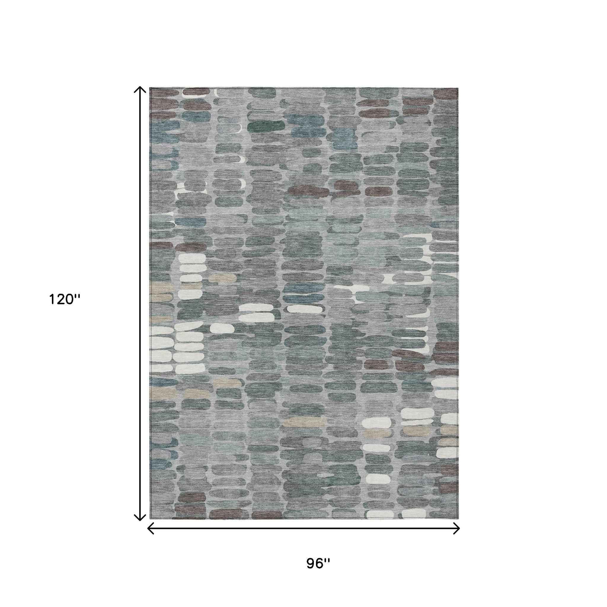 8' X 10' Gray Ivory And Pewter Abstract Washable Indoor Outdoor Area Rug